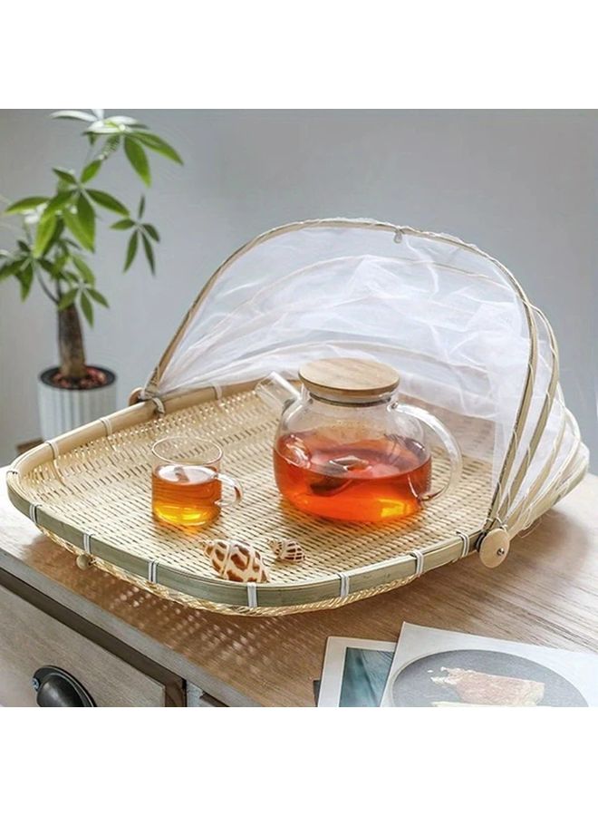 Circle Bamboo Food Storage Basket With Mesh Cover For Picnic Home Indoor Outdoor - Image 4